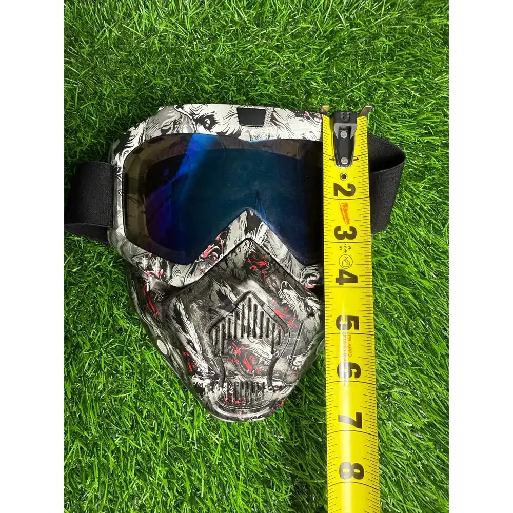 Motorcycle ATV Goggles w/ Detachable Face Mask Wolf Print Blue Mirror Lens